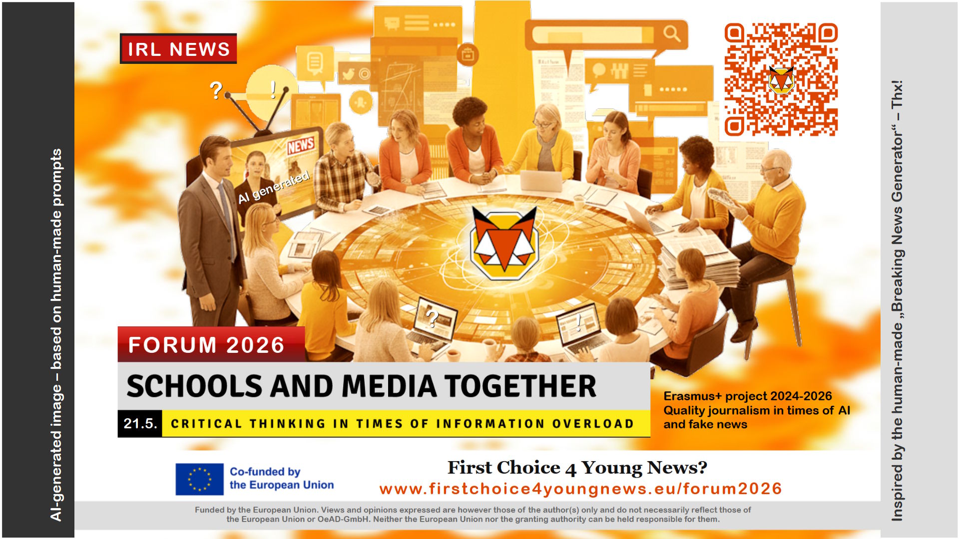 People sitting around a round table talking. Various news media outlets surrounding them.